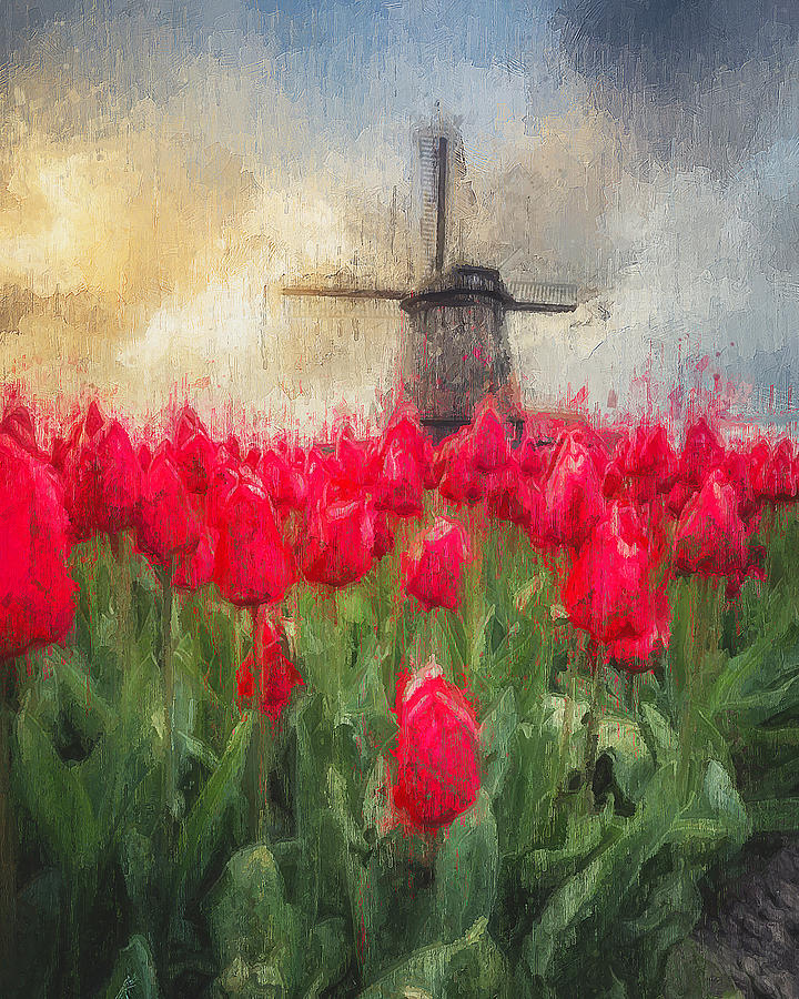Tulips and Windmills - 01 Painting by AM FineArtPrints