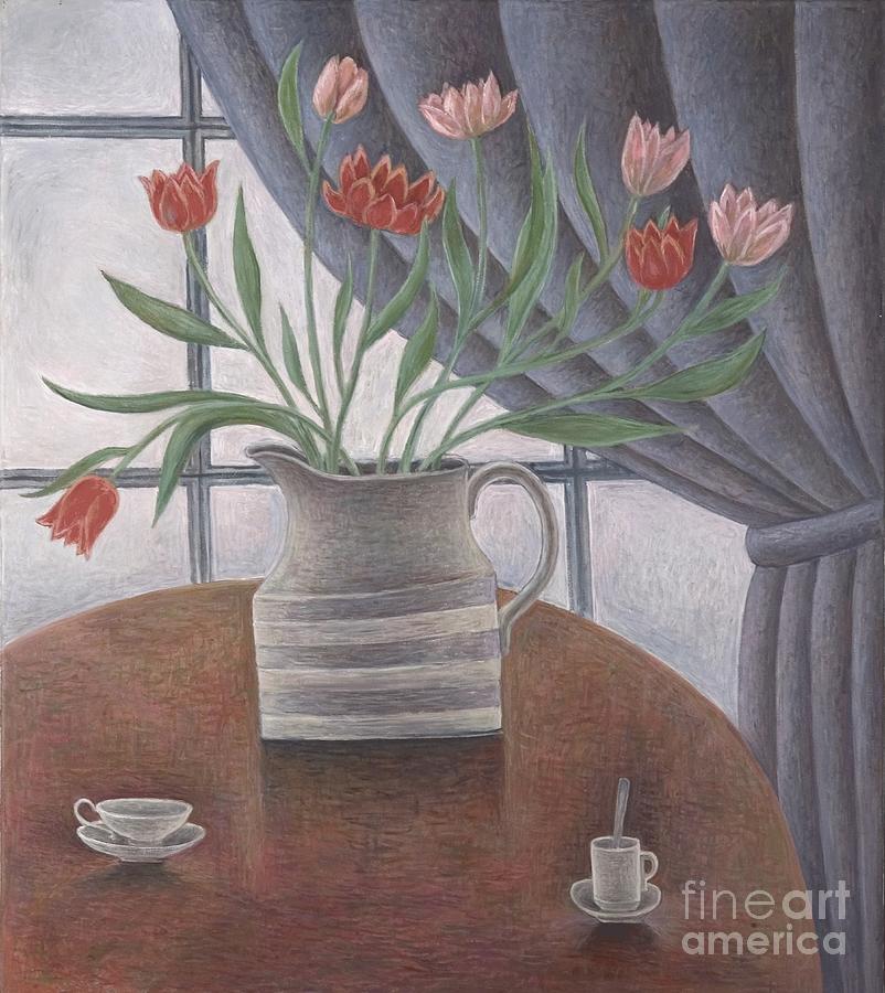 Tulips, Curtain, Cups, 2002 Painting by Ruth Addinall