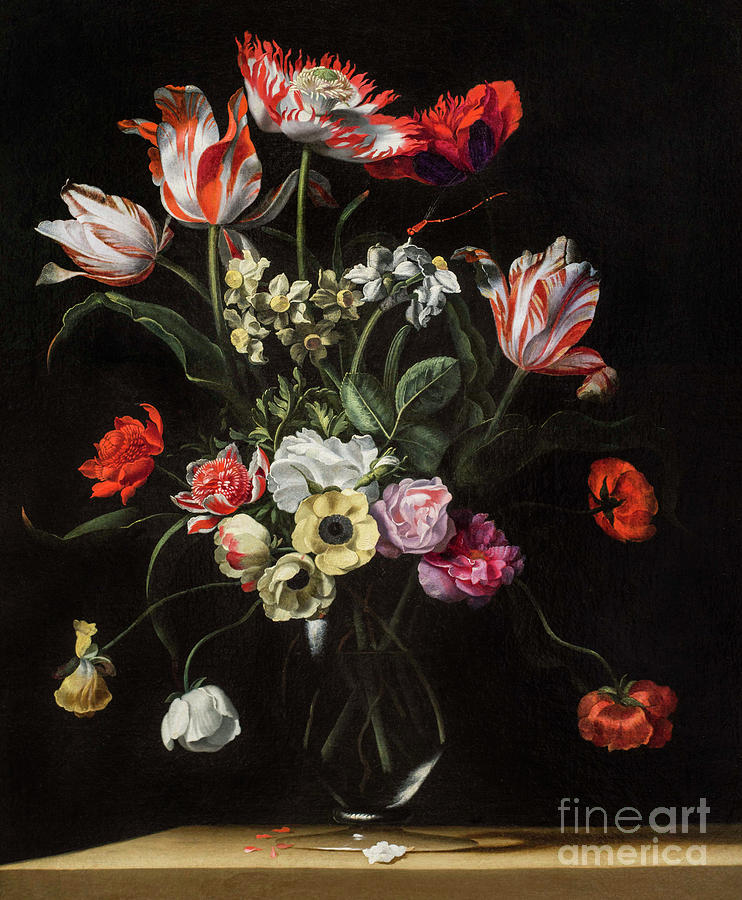 Tulips, Daffodils, Carnations, Poppies, Anemones, and Other Flowers in a Glass Vase on Wooden Ledge Painting by Jean Picart