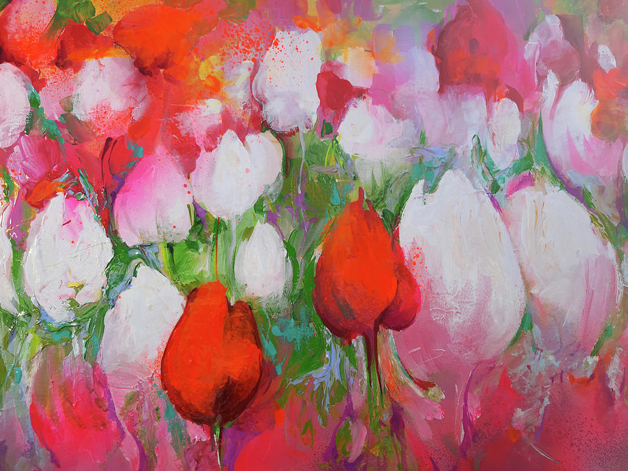 Tulips field Original Impressionist Abstract Painting on Canvas Art Print by Soos Roxana Gabriela Painting by Soos Roxana Gabriela