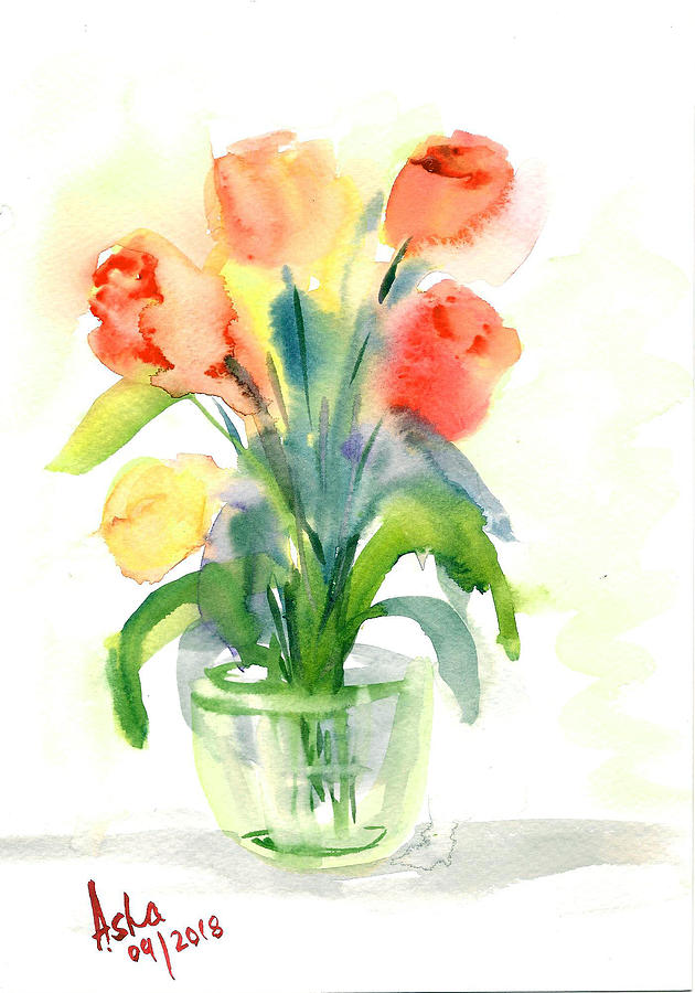Tulips in a vase Painting by Asha Sudhaker Shenoy