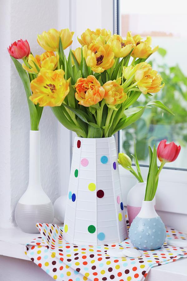 Tulips In Vase Decorated With Felt Confetti Photograph by Franziska Taube