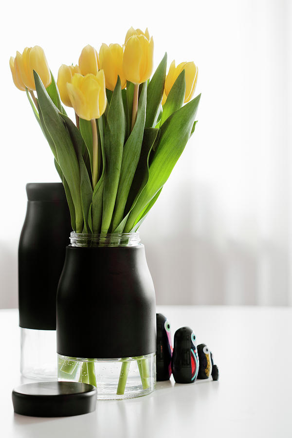 Tulips In Vase Made From Jar And Black Adhesive Film Photograph by Lina stling