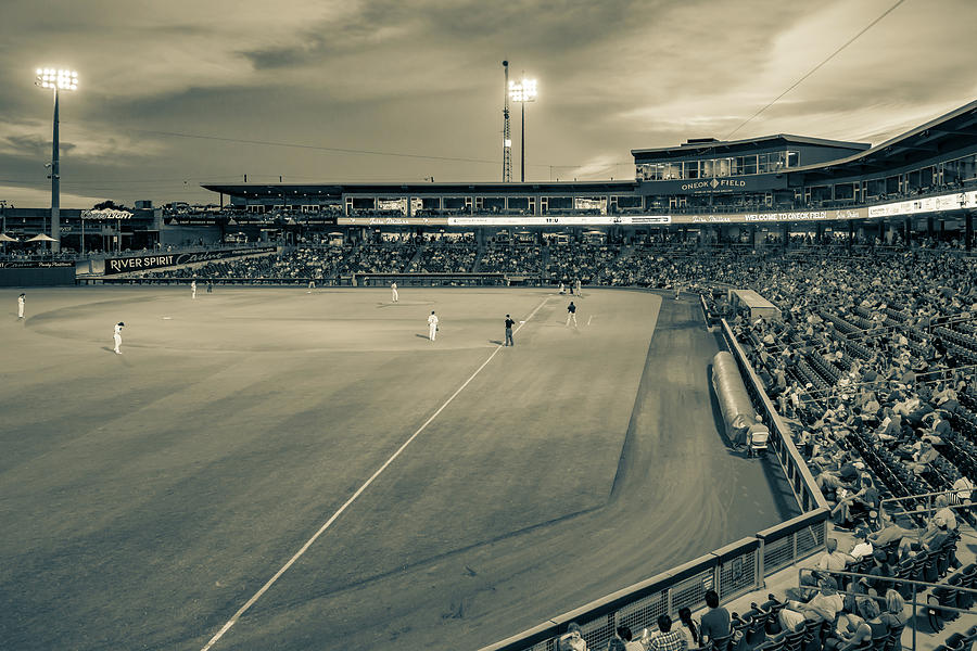 Tulsa Driller Stadium at Sunset - Sepia Edition Photograph by Gregory Ballos