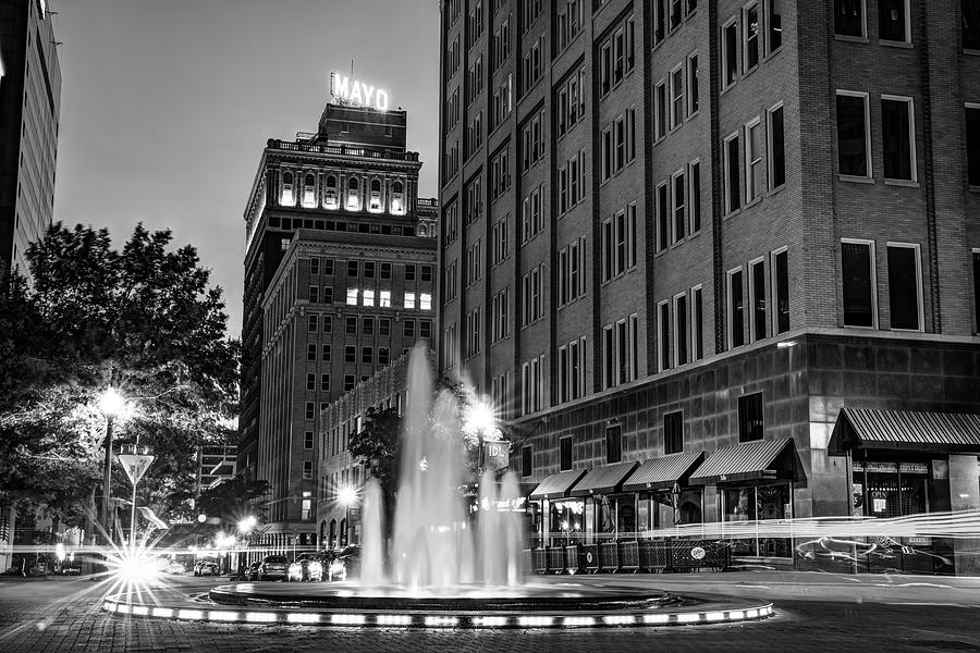 Tulsa Skyline Photograph - Tulsa Oklahoma And The Bartlett Square Fountain in Black and White by Gregory Ballos