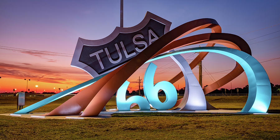 Tulsa Oklahoma Route 66 Rising Sculpture Panorama at Dawn Photograph by Gregory Ballos