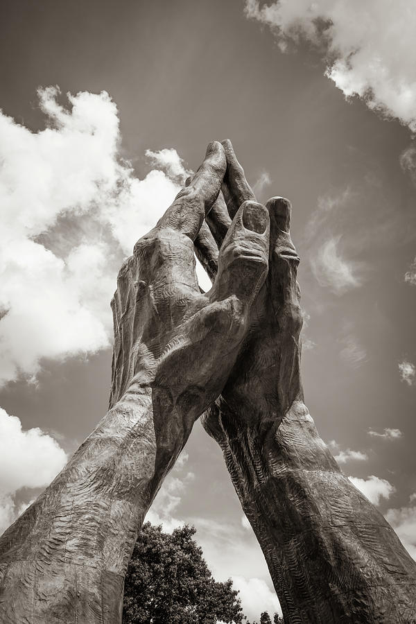 America Photograph - Tulsa Praying Hands Sculpture - Sepia by Gregory Ballos