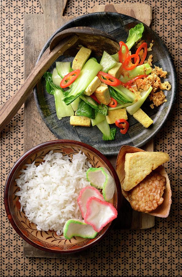 Tumis Sawi Hijau indonesian Stir-fried Bok Choy Served White Rice, Tempeh And Tofu Photograph by Toni Len