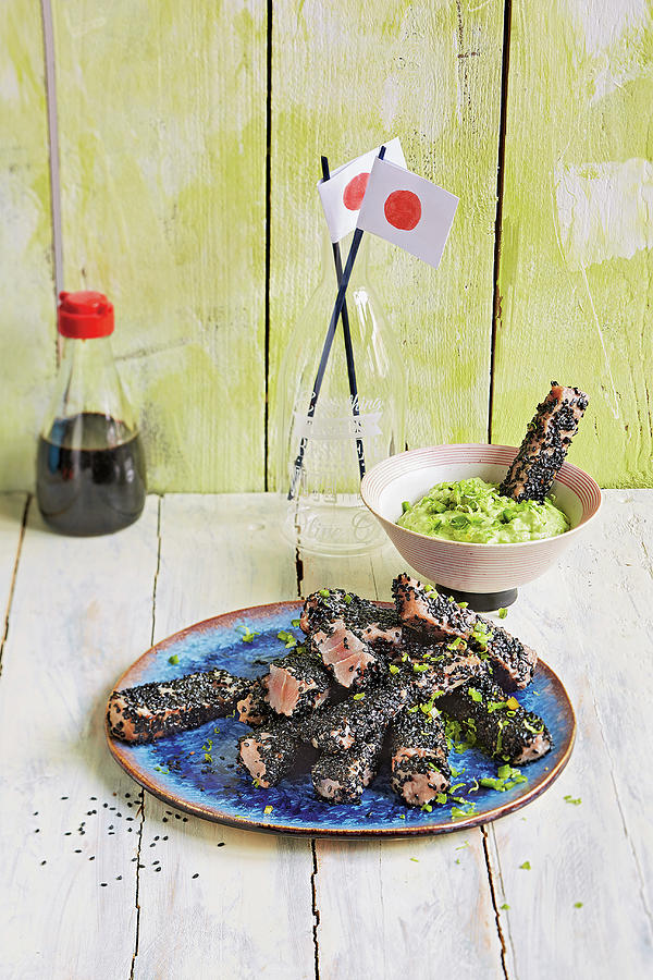 Tuna Fingers With Black Sesame Seeds Served With Avocado Wasabi football Evening Photograph by Tre Torri