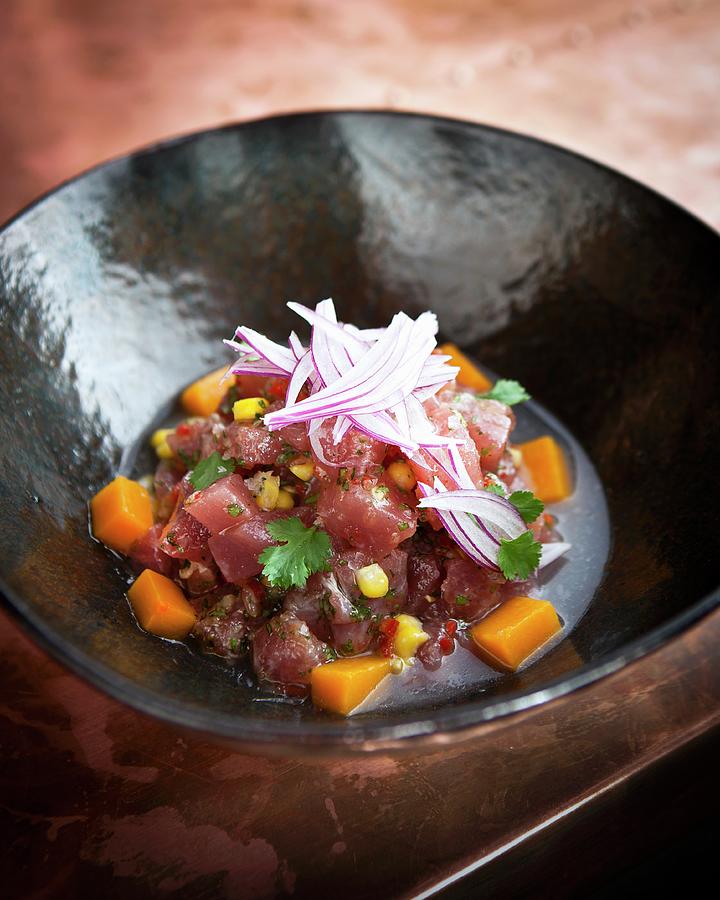 Tuna Fish Ceviche With Sweetcorn And Sweet Potatoes At The Charango Restaurant, Cape Town, South Africa Photograph by Great Stock!