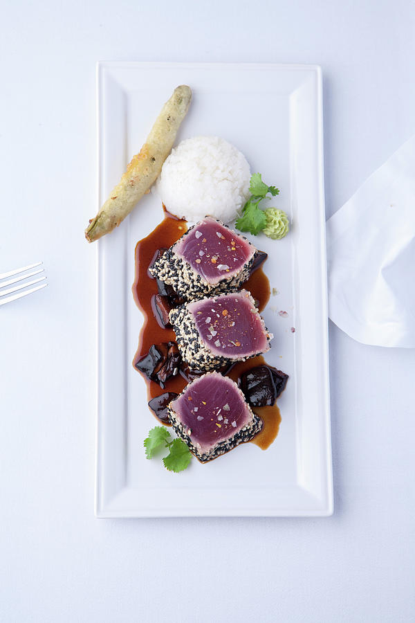 Tuna Fish In A Black-and-white Sesame Seed Crust Photograph by Michael Wissing
