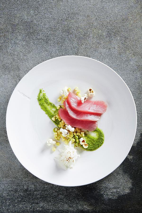 Tuna Fish Sashimi With Sweetcorn Salsa And Green Sauce Photograph by Great Stock!