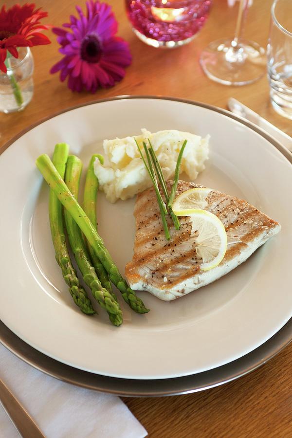 Tuna Fish Steak With Green Asparagus And Mashed Potatoes Photograph by Great Stock!