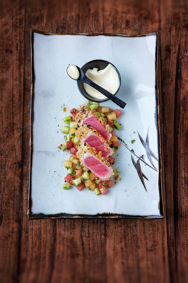 Tuna In A Crispy Coating On A Watermelon And Cucumber Relish With Sesame Seed Mayonnaise Photograph by Michael Wissing