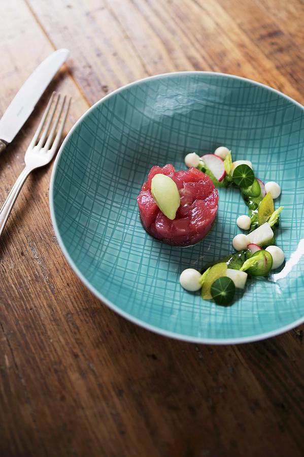 Tuna, Jalapeo, Celery, Greengage And Tarragon Served At The jellyfish Restaurant In Hamburg, Germany Photograph by Jalag / Maria Schiffer