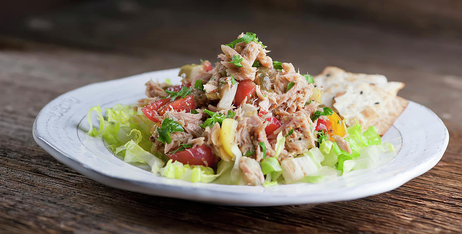 Tuna Salad With Tomatoes And Crackers On A Dish Photograph by Framed Cooks Photography