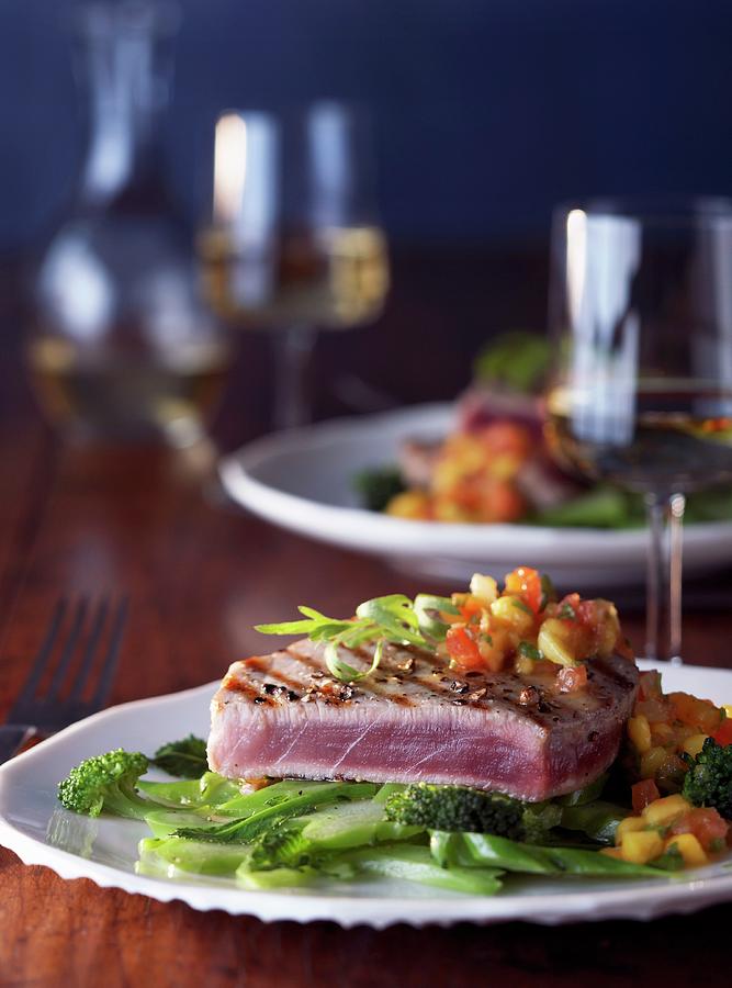 Tuna Steak With Chutney And Broccoli Photograph by Garten, Peter