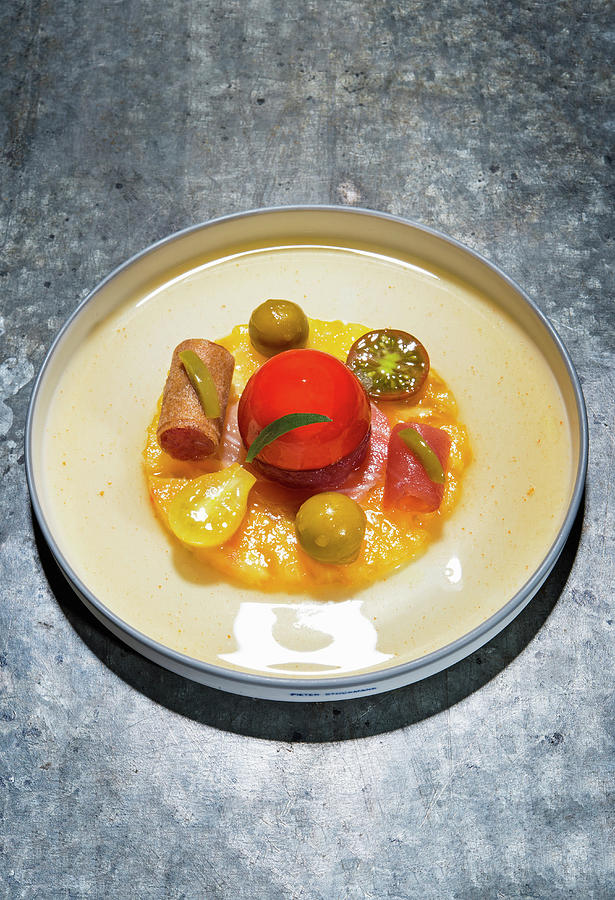 Tuna With Variations Of Tomatoes And Faux Olives Photograph by Tre Torri