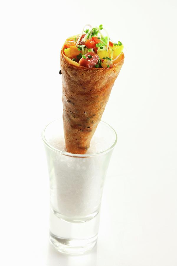 Tuna With Vegetables And Edible Shoots In A Wafer Cone Photograph by Lerner, Danny