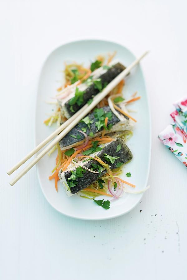 Turbot On Julienned Vegetables asia Photograph by Michael Wissing ...