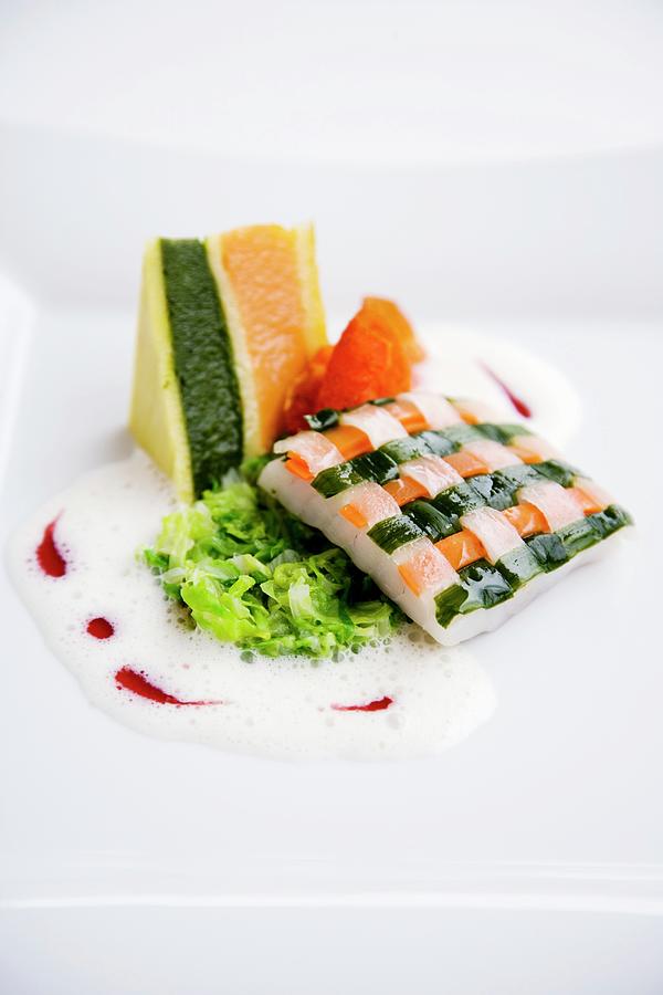 Turbot With A Vegetable Lattice, Port Wine Foam, Chinese Cabbage And A Potato Sandwich Photograph by Michael Wissing