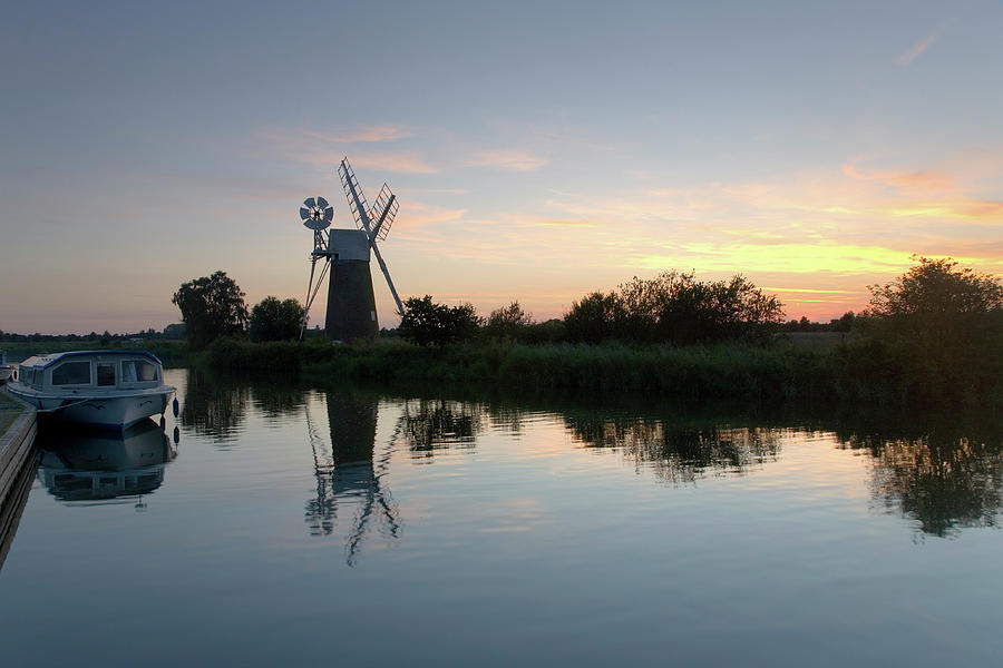 Turf Fen Mill With Boat Moored Photograph by David C Tomlinson