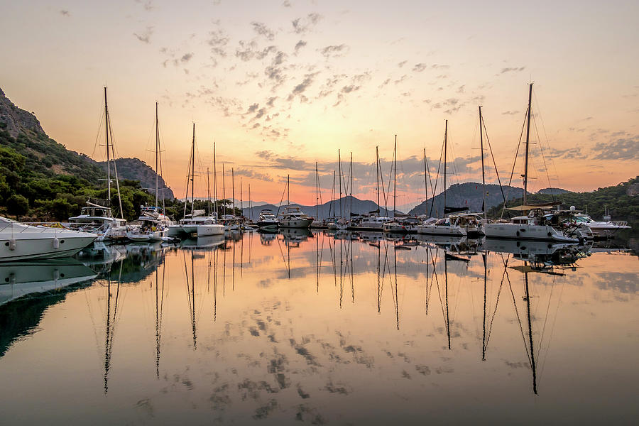 Turkey, Aegean Region, Gocek, Dawn Reflections Of The Yachts Moored Up At Wall Bay Digital Art by Chantal Reed