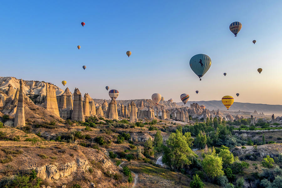 Turkey, Central Anatolia, Goreme, Cappadocia, Hot Air Balloons Above Love Valley In Goreme National Park, Cappadocia At Dawn Digital Art by Chantal Reed