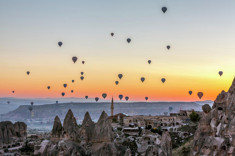 Turkey, Central Anatolia, Goreme, Cappadocia, Hot Air Balloons At Dawn Over Goreme National Park, Cappadocia Digital Art by Chantal Reed