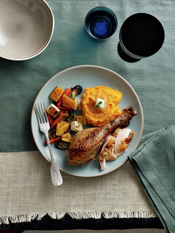 Turkey Leg With Mashed Sweet Potatoes And Oven-roasted Vegetables Photograph by Clinton Hussey