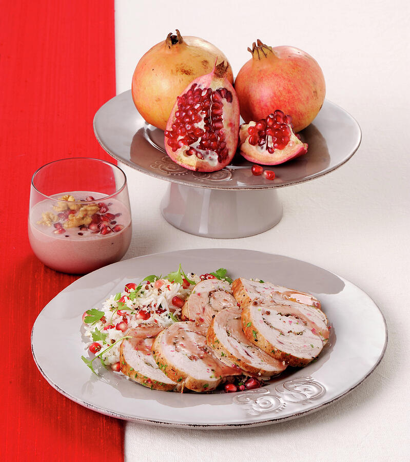 Fruit Photograph - Turkey Roulade Roast And Walnut And Pomegranate Cream by Franco Pizzochero