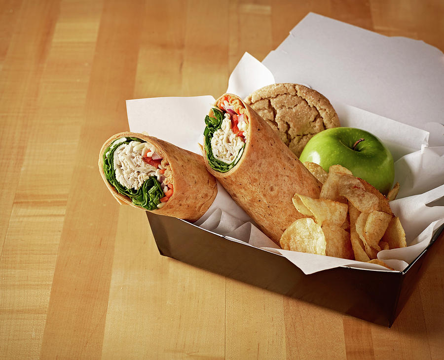 Turkey Wrap Box Lunch With Apple And Cookie Photograph by Michael S. Harrison