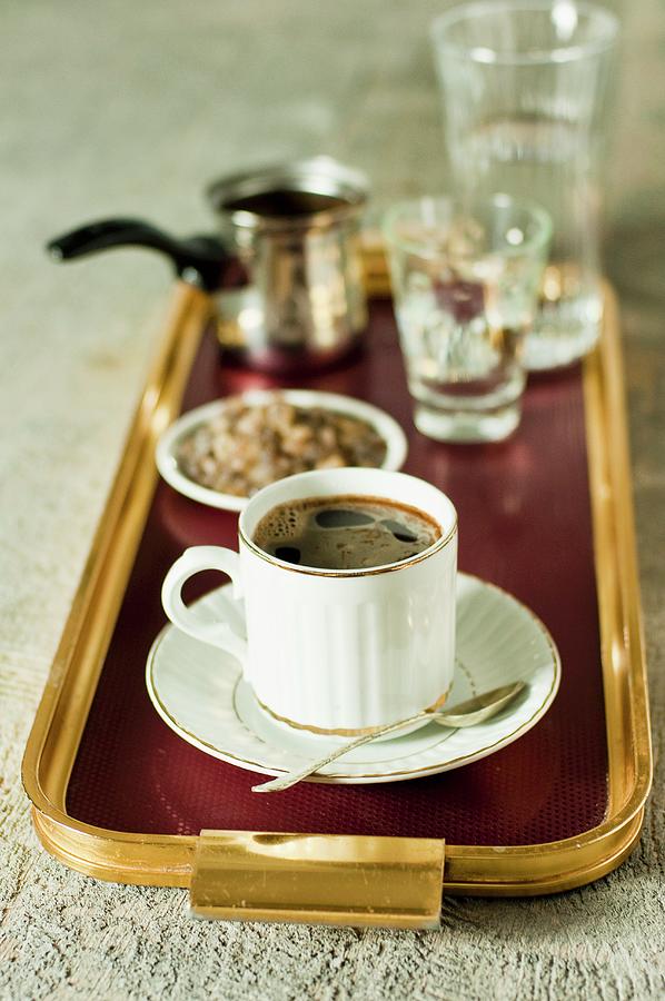 Turkish Coffee And Dark Rock Sugar On A Tray Photograph by Tomasz Jakusz