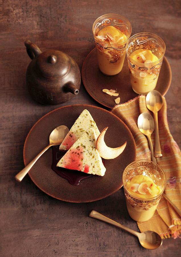 Turkish Desserts: Pistachio Parfait With Pomegranate Syrup And Almond Pudding With Saffron Photograph by Garten, Peter