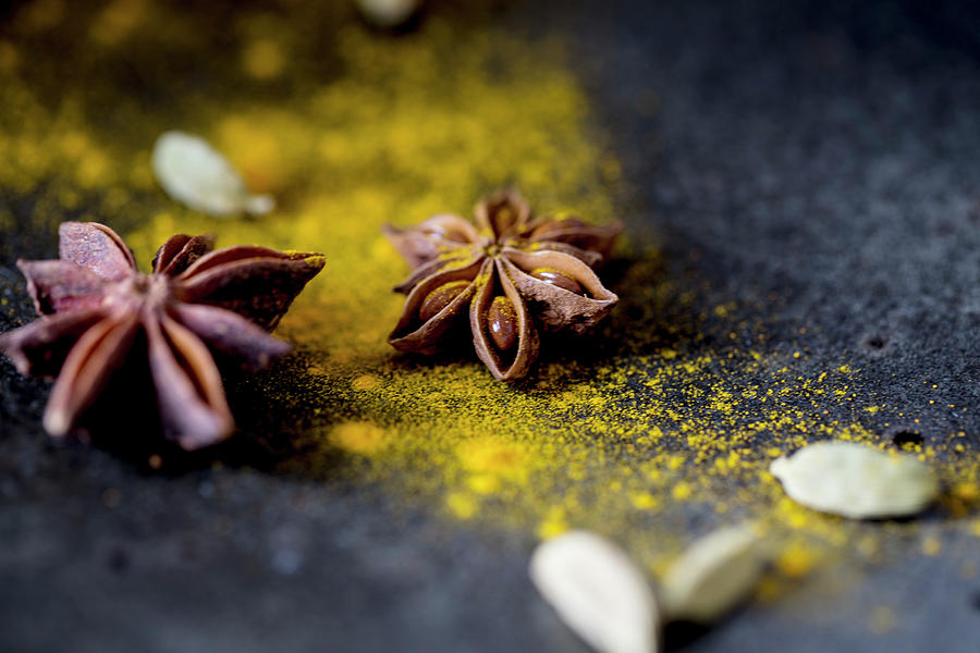 Turmeric Powder, Cardamom Pills And Star Anise turmeric Latte Ingredients Photograph by Nicole Godt