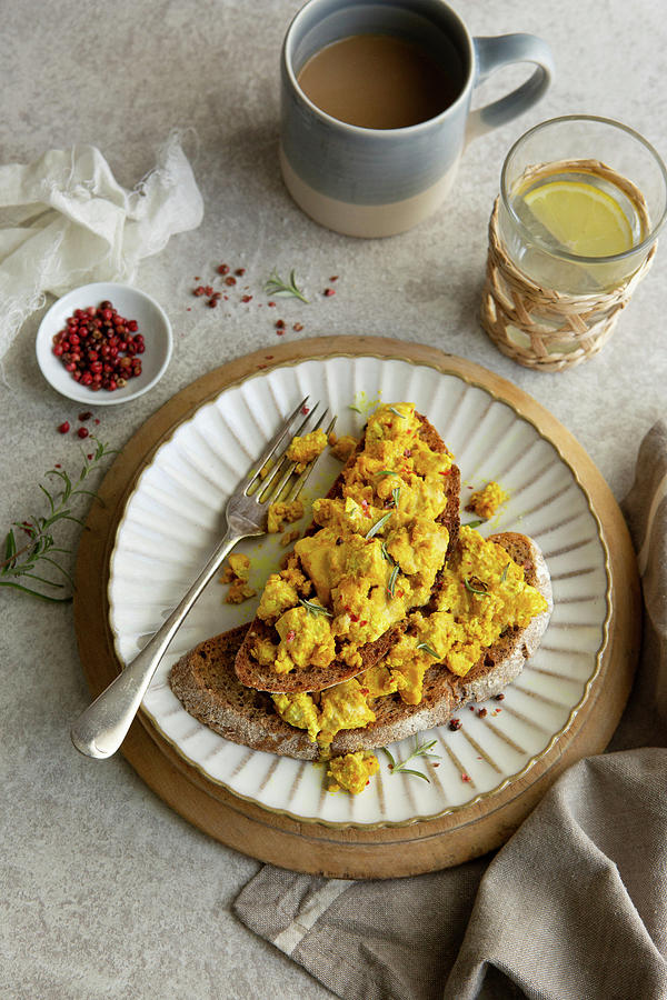 Turmeric Stir-fry On Sourdough Bread With Red Peppercorns And A Cup Of Coffee Photograph by Stacy Grant