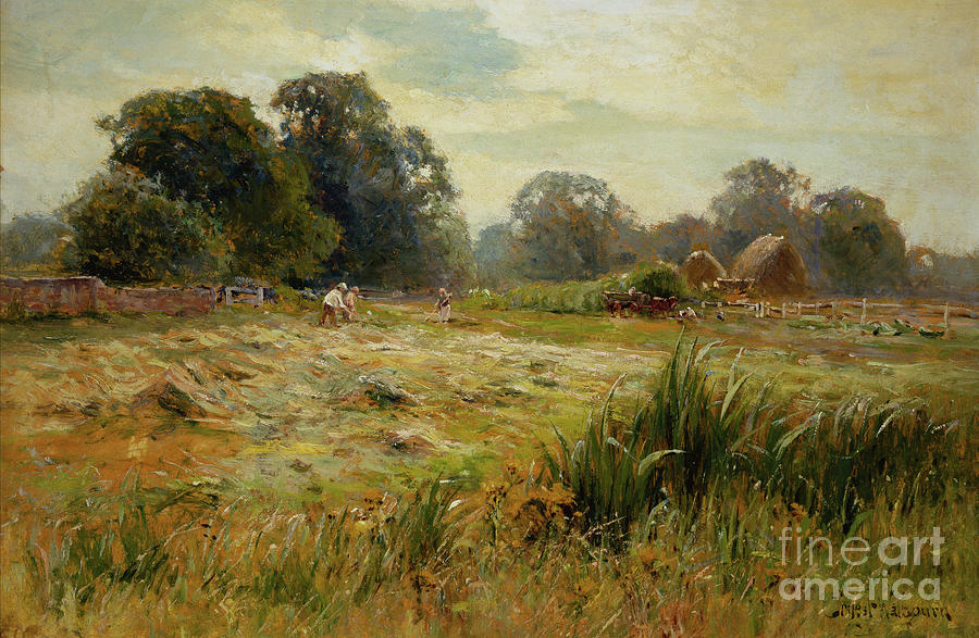 Turning The Hay, Near Epping, Essex Oil On Board Painting by Ernest C Walbourne