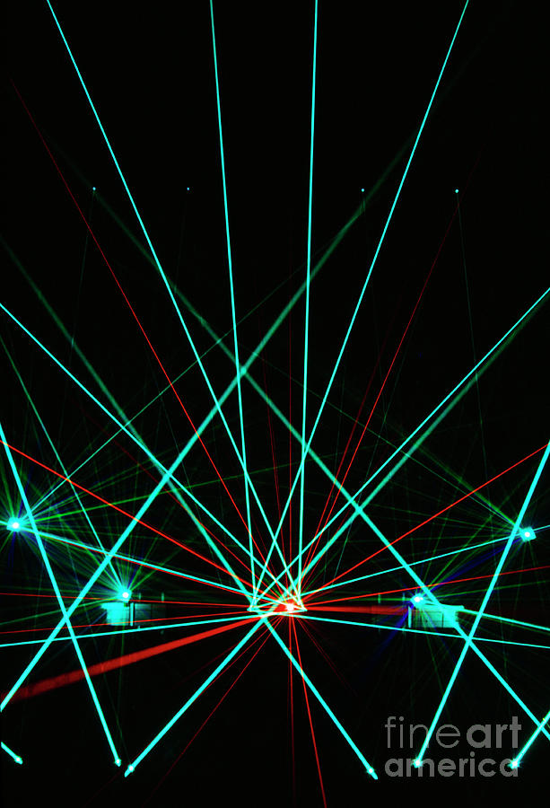 Turquoise And Red, Thin Laser Beams - Photograph by 