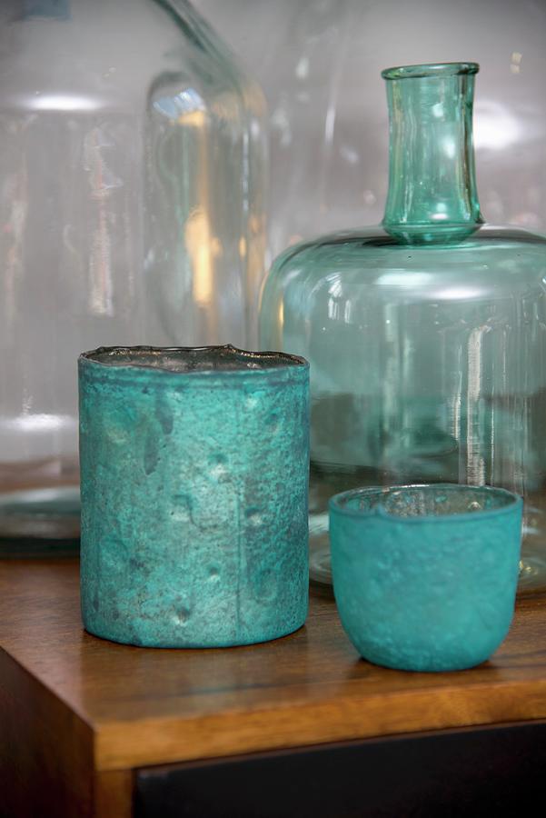 Turquoise Containers And Glass Bottles Photograph by Inge Ofenstein