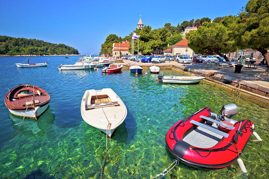Turquoise waterfront and colorful boats in town of Cavtat Photograph by Brch Photography