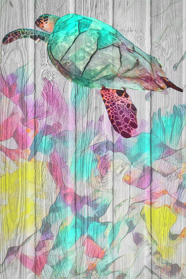 Turtle at the Reef in Wood Textures Vertical Photograph by Debra and Dave Vanderlaan