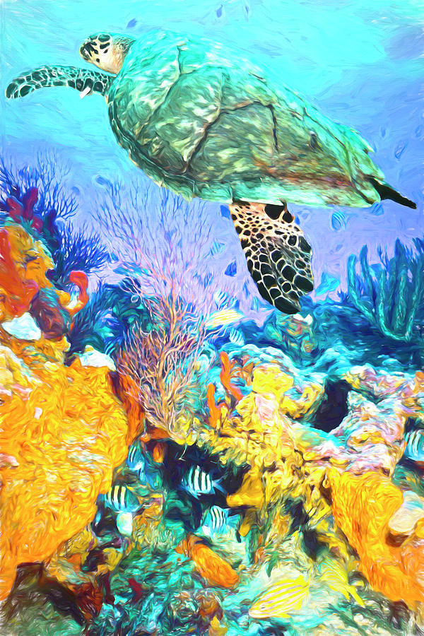 Turtle at the Reef Oil Painting Photograph by Debra and Dave Vanderlaan