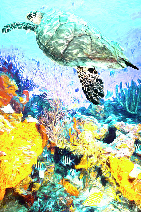 Turtle at the Reef Painting Photograph by Debra and Dave Vanderlaan