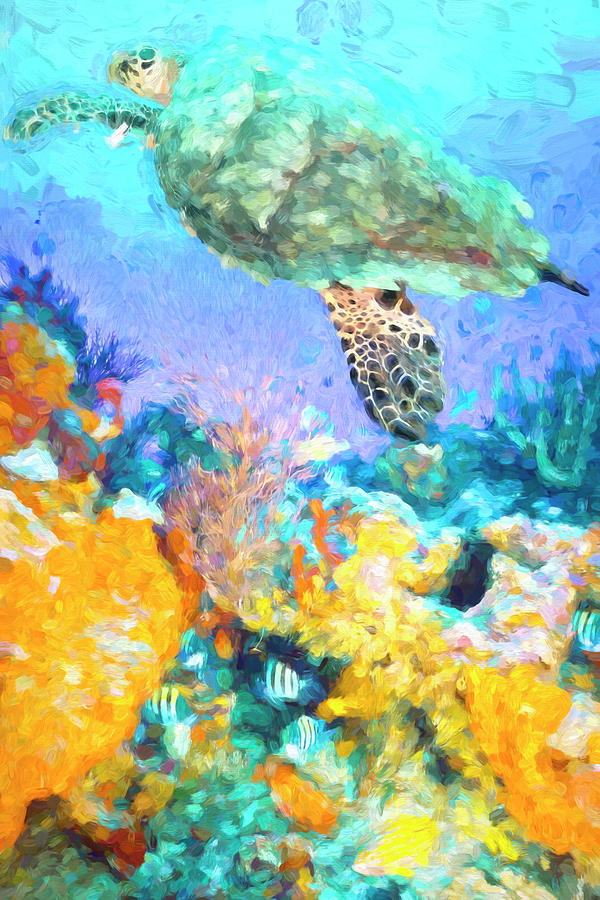 Turtle at the Reef Watercolor Painting Photograph by Debra and Dave Vanderlaan