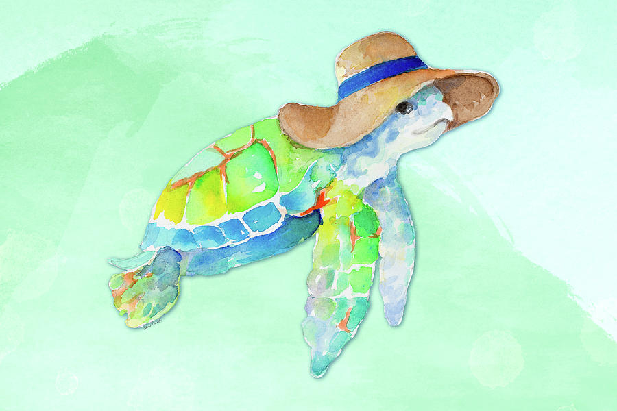 Turtle With Hat On Watercolor (blue) Painting by Lanie Loreth