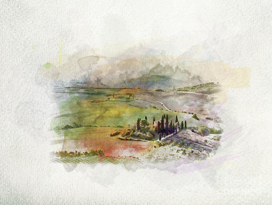 Tuscany landscape at sunrise in watercolors. Photograph by Michal Bednarek