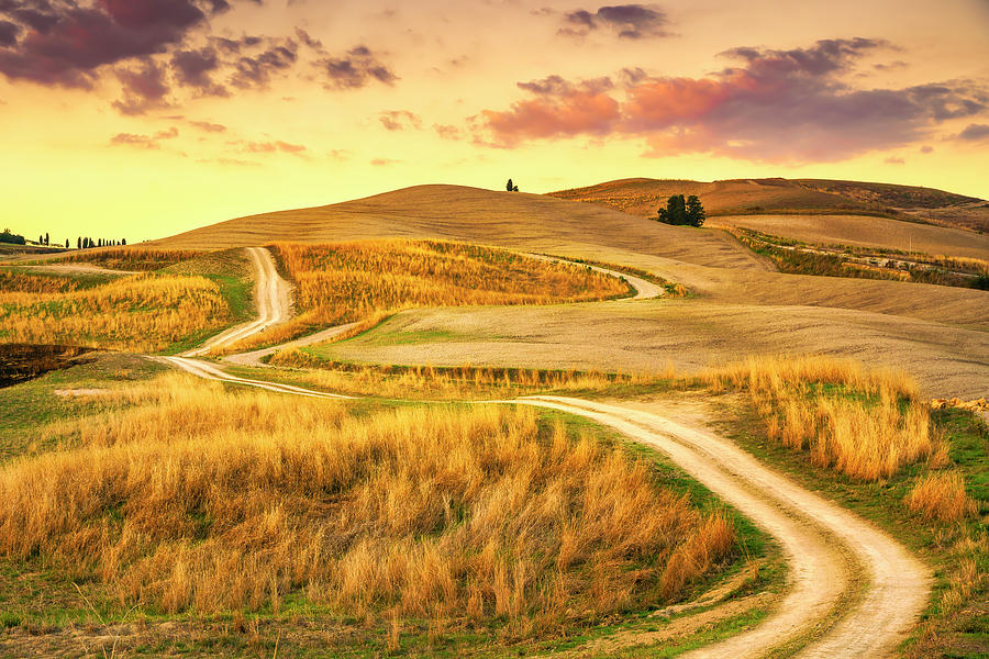 Tuscany landscape, rural road and green field. Volterra Italy Photograph by Stefano Orazzini