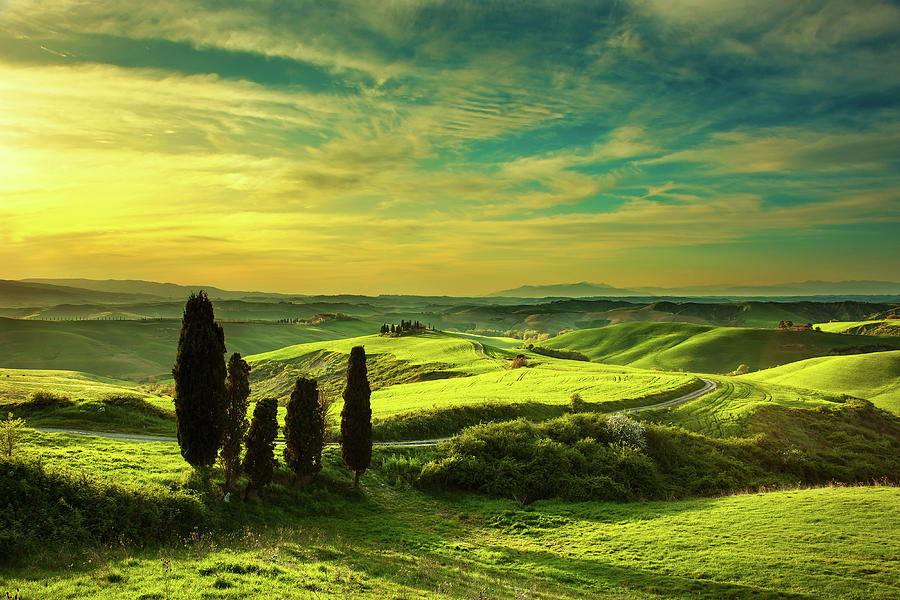 Tuscany, rural sunset landscape. White road and cypress trees. V Photograph by Stefano Orazzini