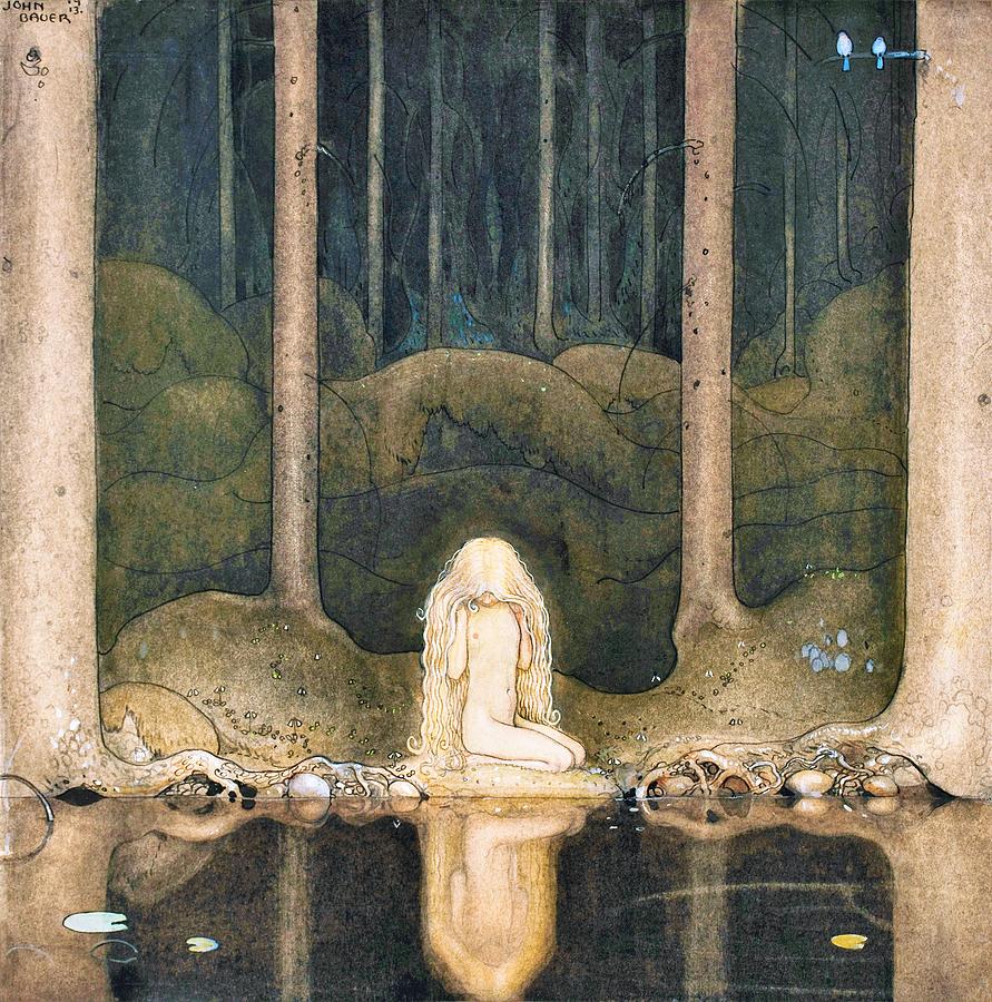 Fairy Painting - Tuvstarr is still sitting there wistfully looking into the water - Digital Remastered Edition by John Bauer