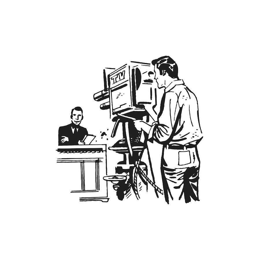 Black And White Drawing - TV Cameraman Recording News Broadcast by CSA Images